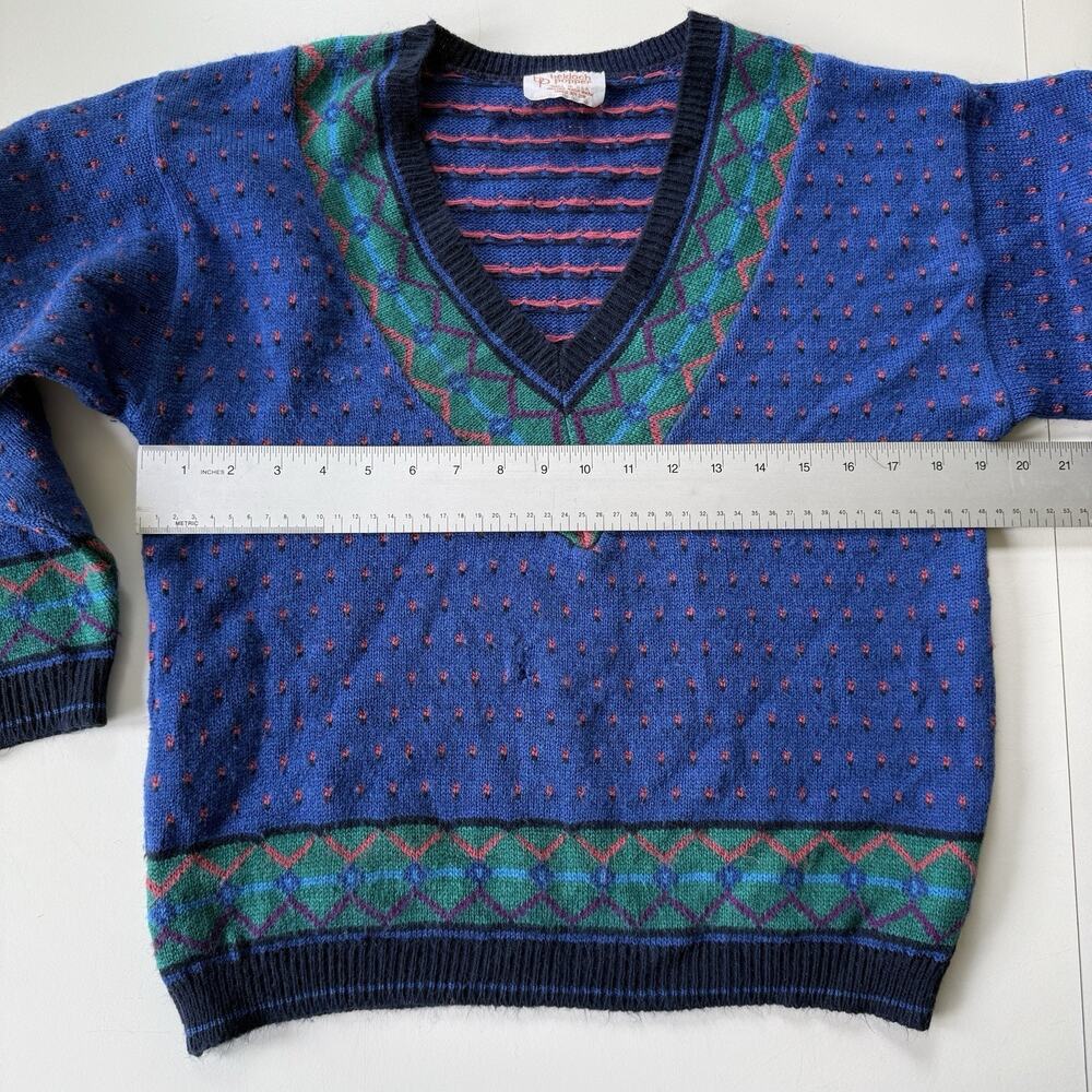 Vintage 80s Beldoch‎ Popper Women’s V-Neck Sweater Blue Green Geometric Size M - Picture 10 of 12